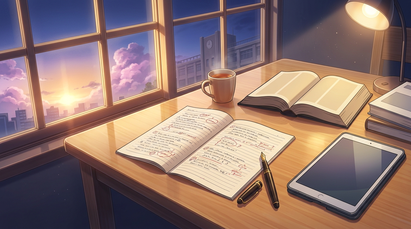 夕暮れの自室デスクで赤ペンの添削ノートとタブレットを広げる知的な学習イメージ