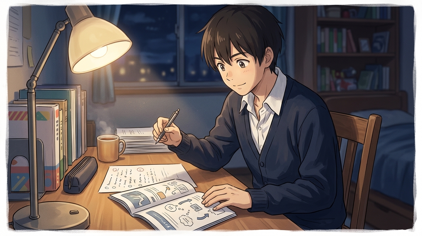 デスクライトの下で丁寧な解説を読み納得の表情をみせる高校生のイメージ