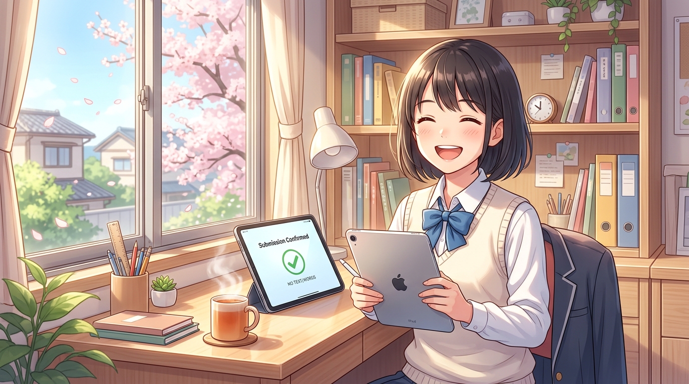 朝の光と桜を背景に添削課題を提出し清々しい笑顔をみせる女子高生イメージ