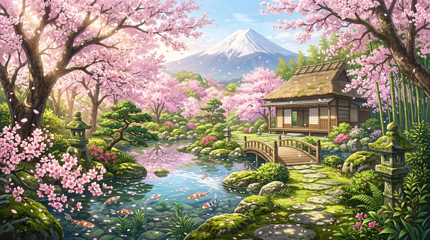 春の桜と日本庭園の情景