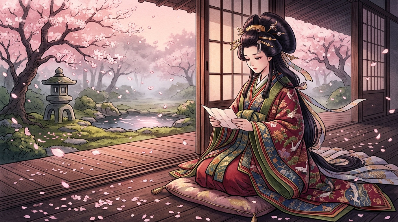 平安時代の女性と手紙の情景