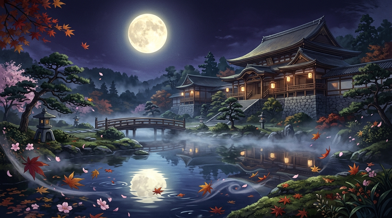 月夜の平安邸宅と桜の情景