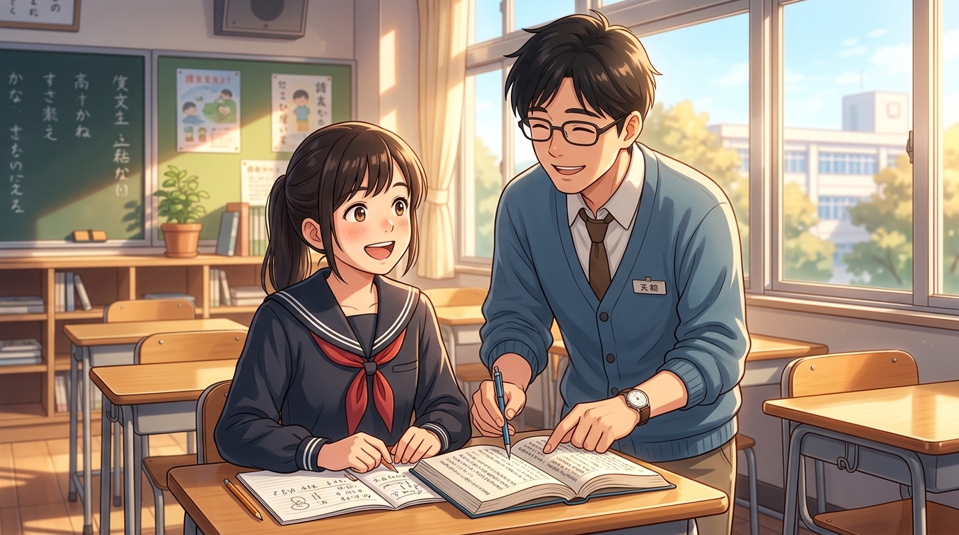 たく先生が生徒に個別指導する温かい情景