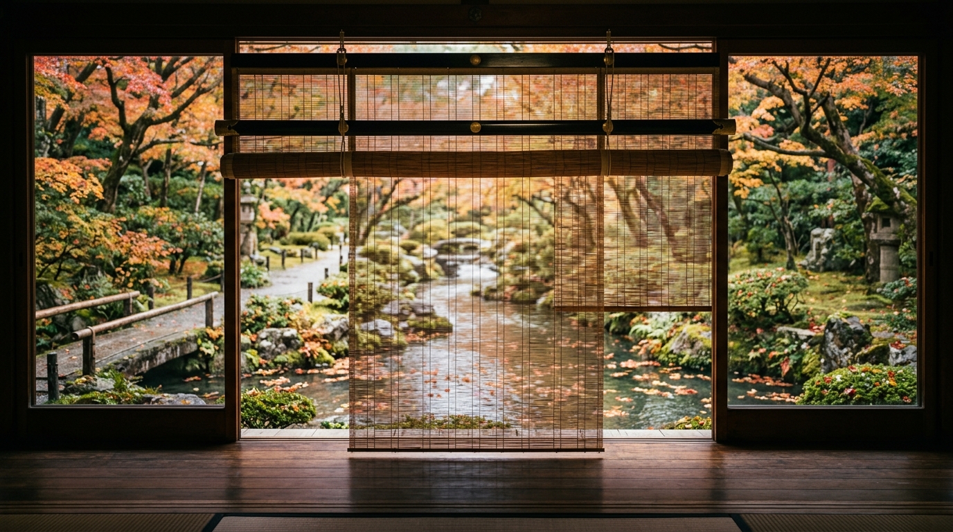 御簾の隙間から庭を眺める視覚的推定めりの情景