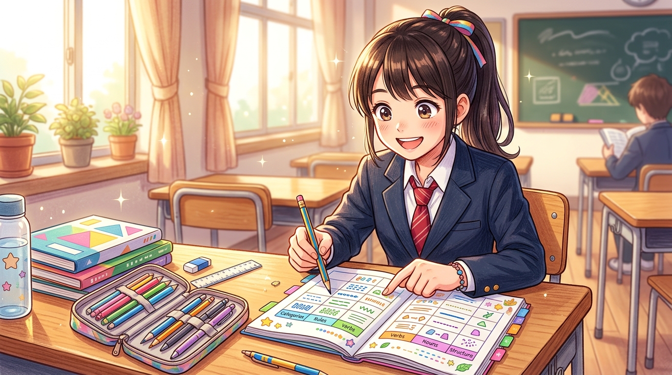 教室の机で助動詞の接続分類表を指差しながら笑顔を見せる女子高生