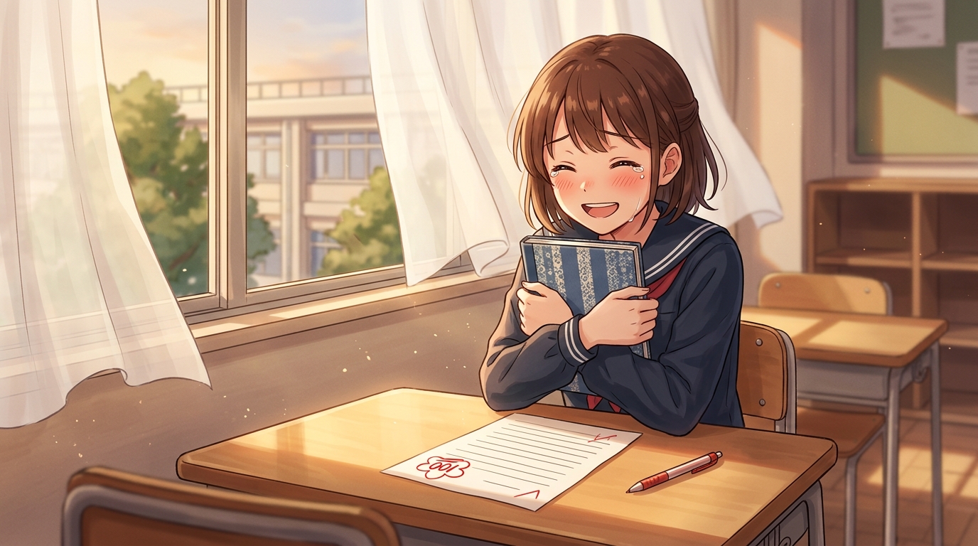 満点答案を前にノートを胸に抱きしめ達成感の涙と笑顔を浮かべる女子高生
