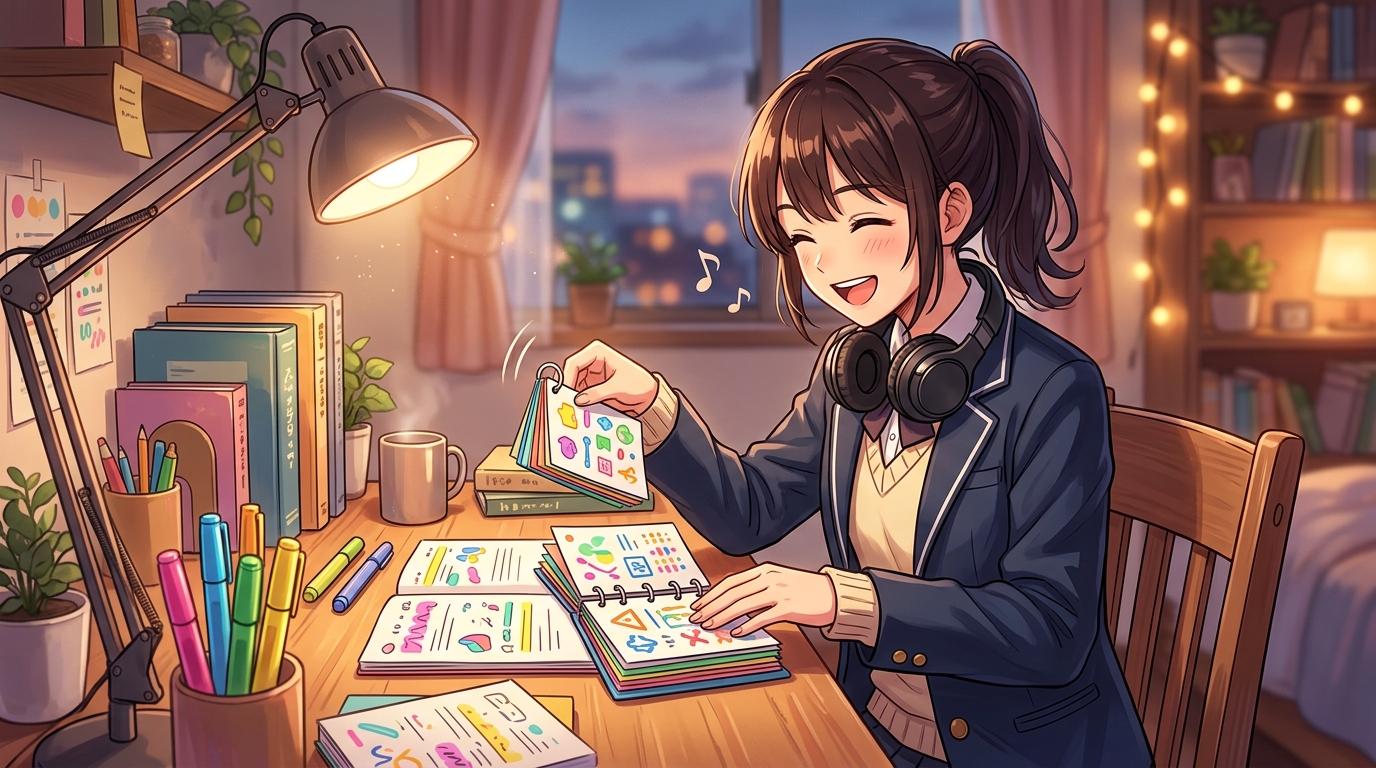 自習机で単語カードをめくりながらリズムよく助動詞の活用を覚える女子高生