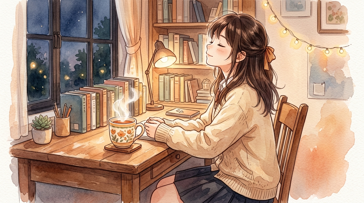 夜の自習机で温かいお茶の湯気を前に深呼吸し気持ちを落ち着かせる高校生