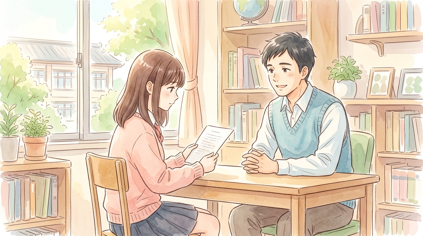 面談室で模試の結果を見つめる生徒と温かく寄り添い励ます教員たく先生