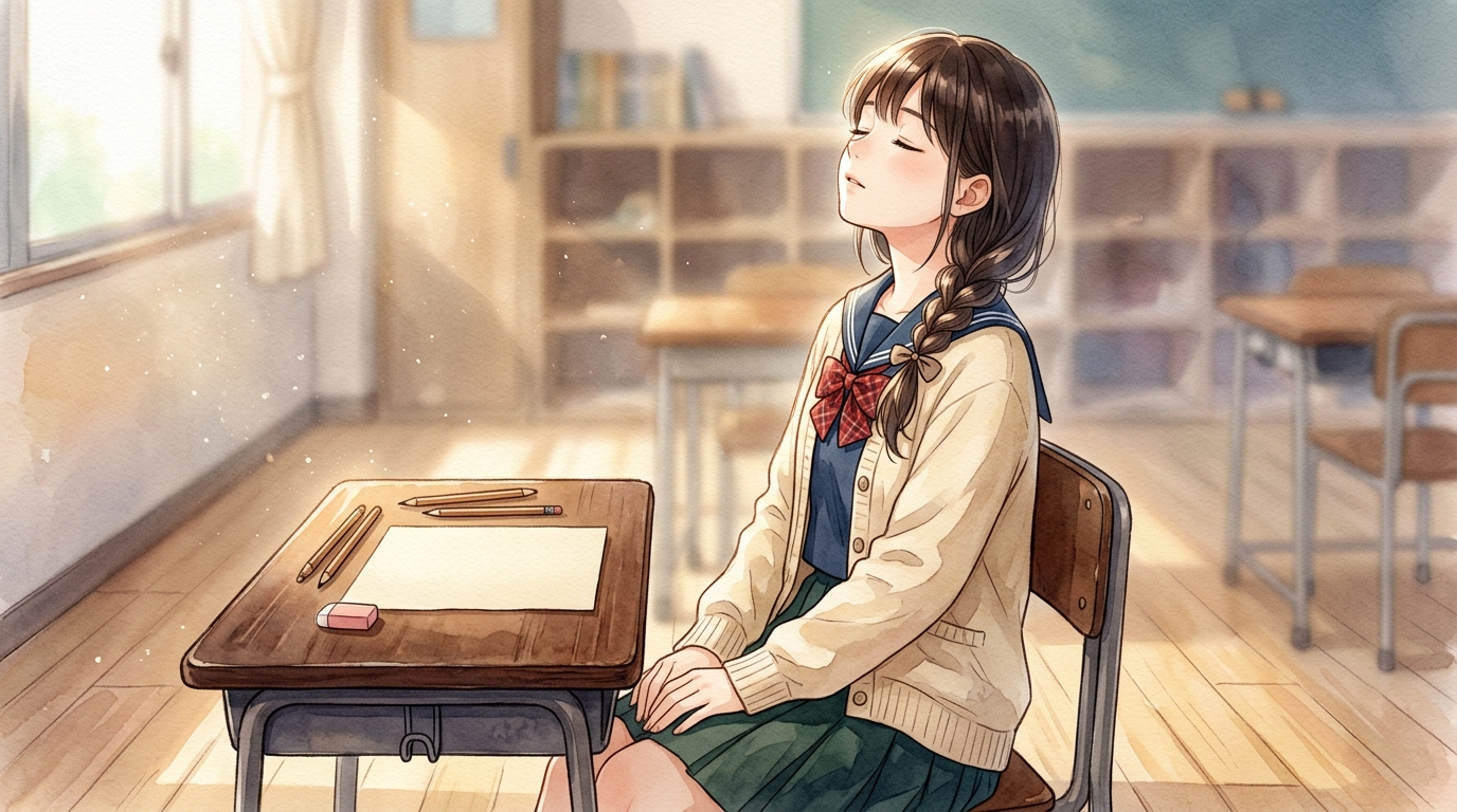 朝の澄んだ光が差し込む教室の席で目を閉じて静かに深呼吸をする女子生徒