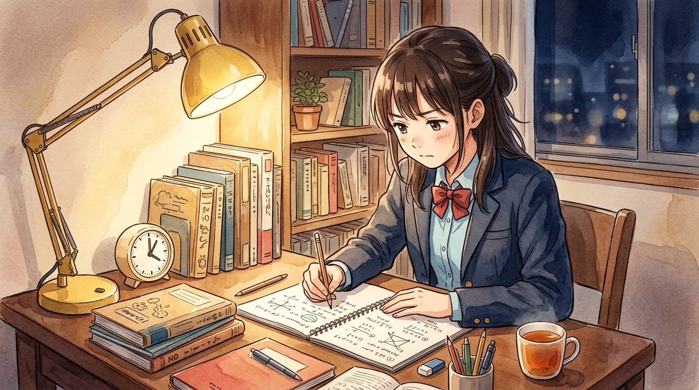 机の上に置いた時計の横で問題集の1問に集中して取り組み始める受験生