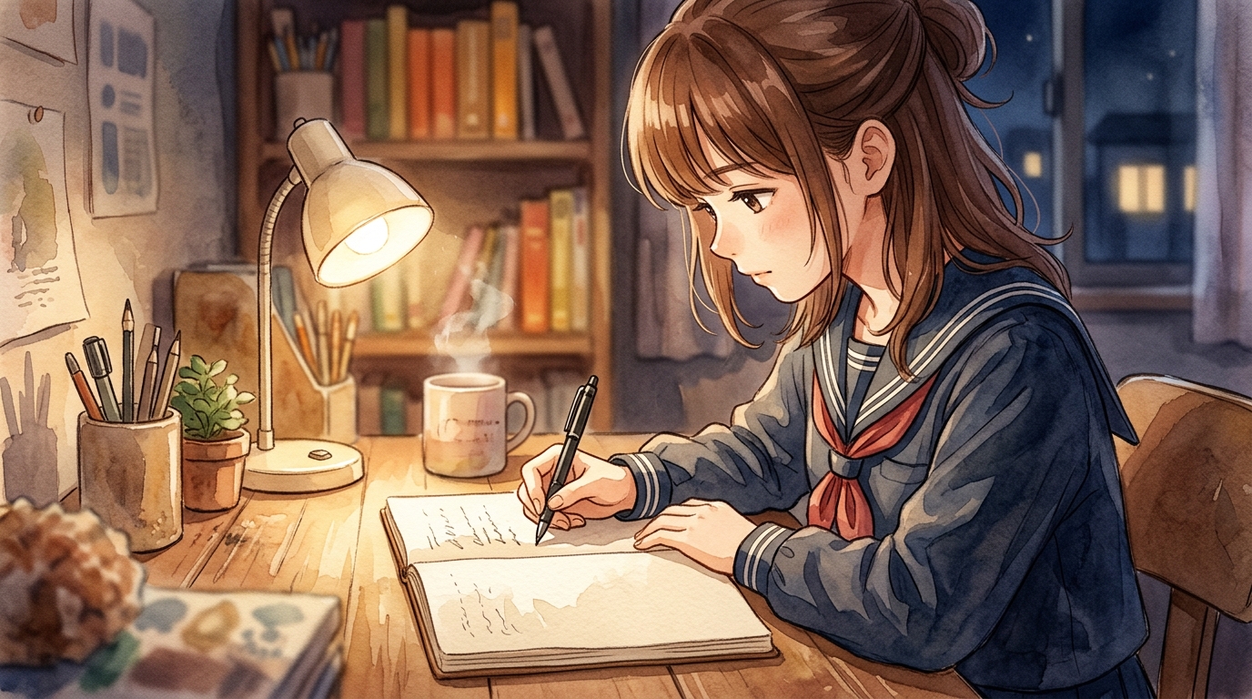 机に向かって開いたノートにペンの手書きで心の中の不安を書き出す女子生徒