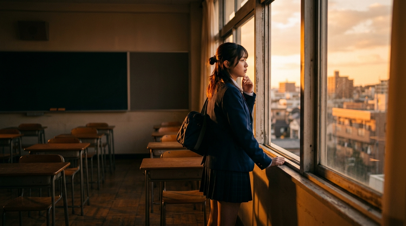 夕暮れの教室で窓の外を見つめ不安と決意を抱く高校生の情景