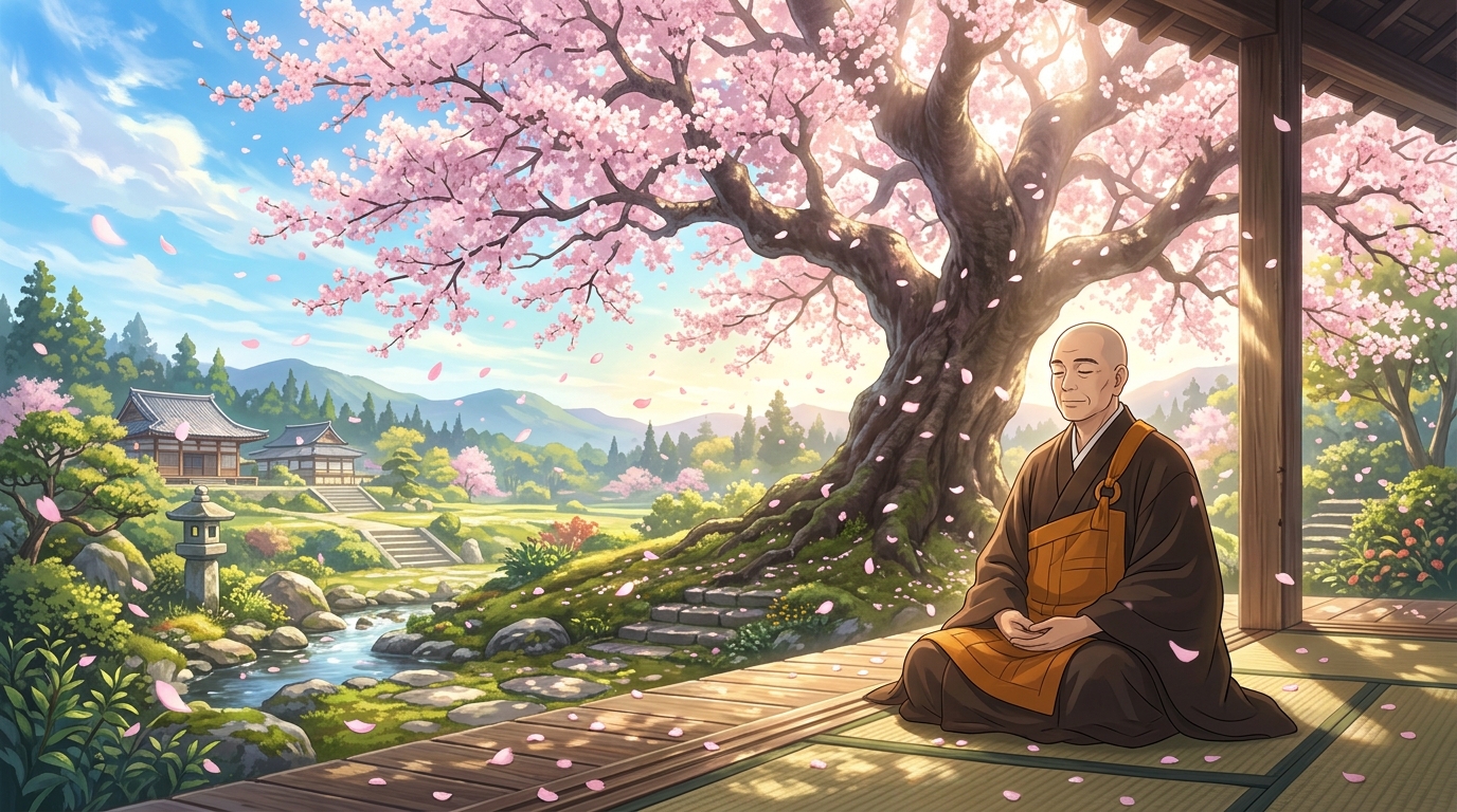 【あだし野の露】世は定めなきこそいみじけれ・舞い散る桜の下で微笑む兼好法師