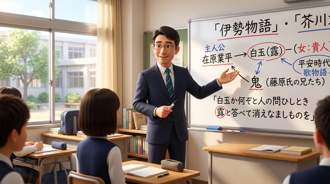 高校の教室で伊勢物語「芥川」の鬼の正体と和歌修辞を解説するたく先生