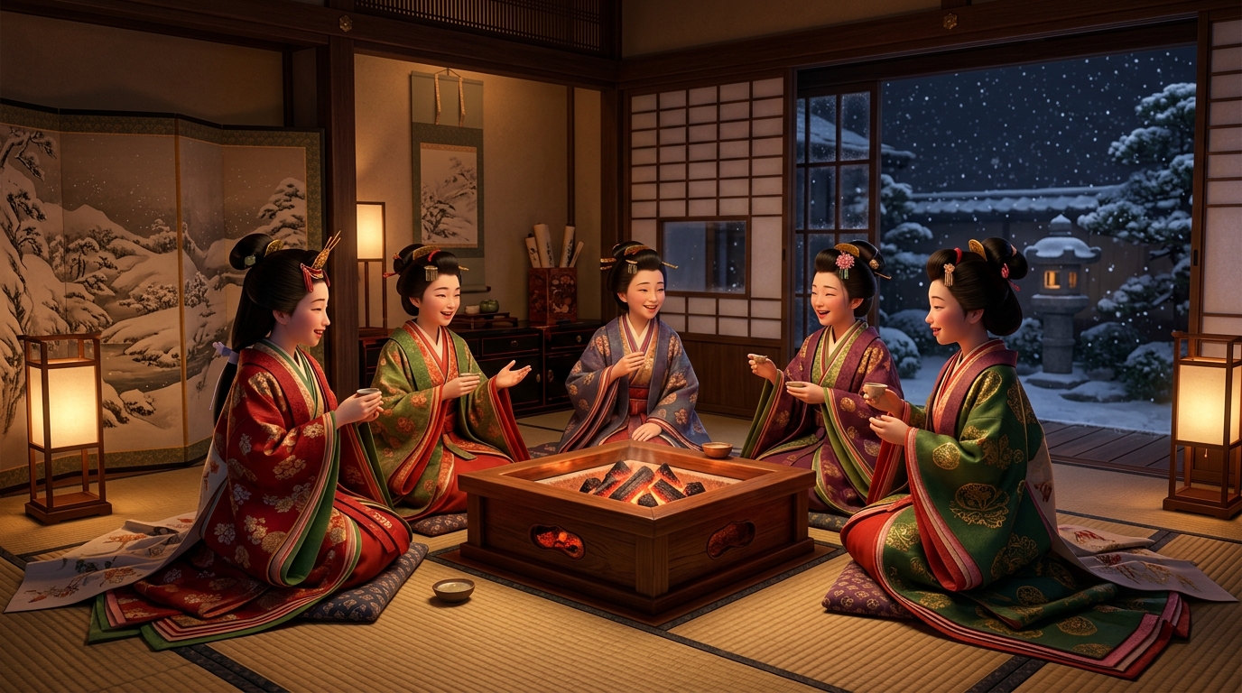 平安時代の宮中で炭櫃を囲んで暖をとる女房たちと中宮定子