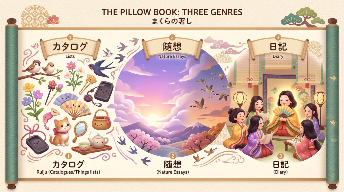 【枕草子の3大分類】類聚的章段(ものづくし)・随想的章段(自然と四季)・日記的章段(宮中サロン回想)
