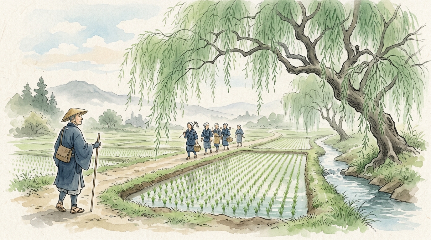 田一枚植ゑて立ち去る柳かな 松尾芭蕉 和風水彩画