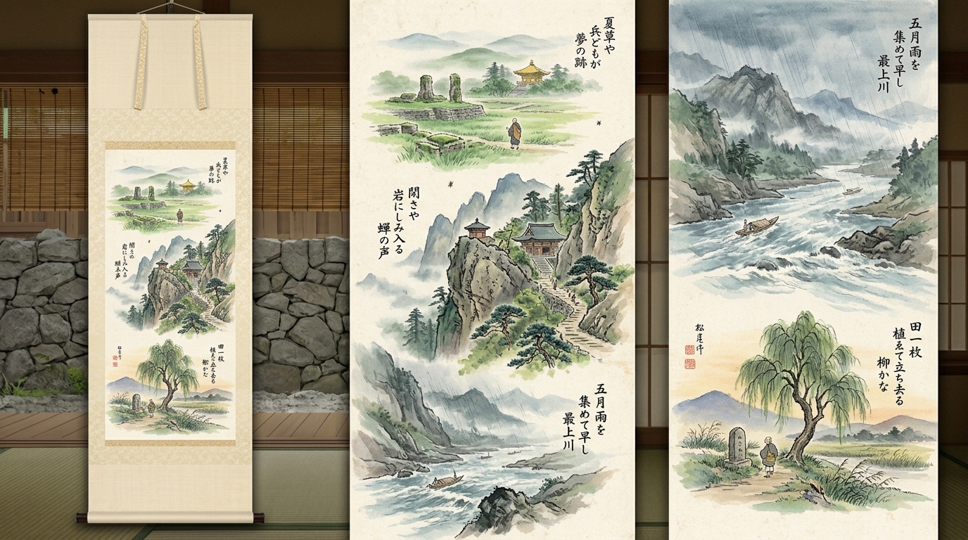 平泉の夏草、立石寺の蝉の声、最上川の激流、那須の遊行柳が描かれた和風絵巻