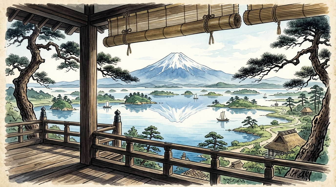 干満珠寺の方丈から簾を捲きて見渡す象潟の多島美と鳥海山の影 和風水彩画