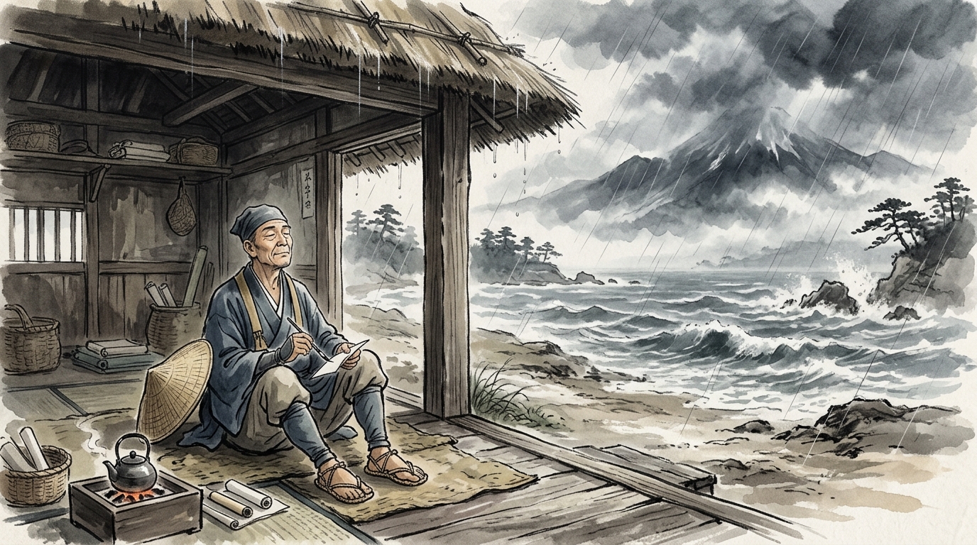 蜑の苫屋に膝を入れて雨の晴るるを待つ松尾芭蕉 和風水彩画