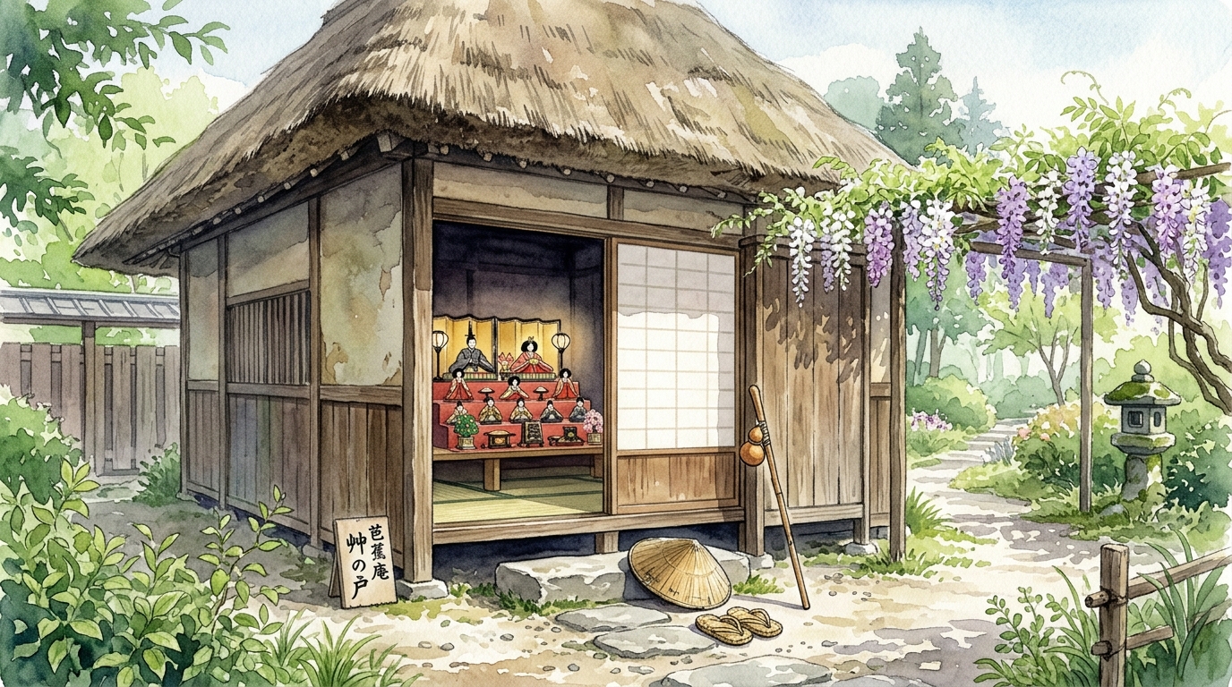草の戸も住み替る代ぞ雛の家の草庵と雛人形の風情ある情景