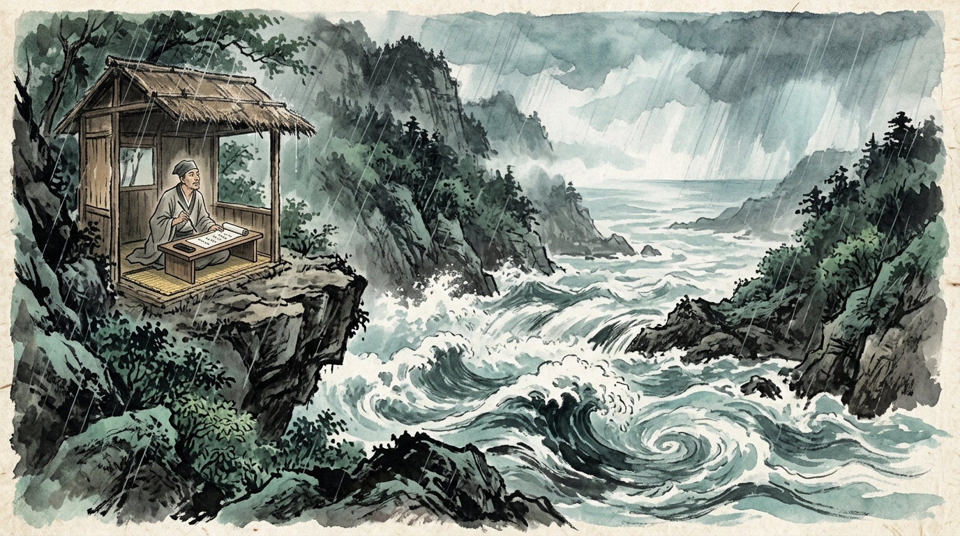 五月雨をあつめて早し最上川 推敲を思索する松尾芭蕉 和風水彩画
