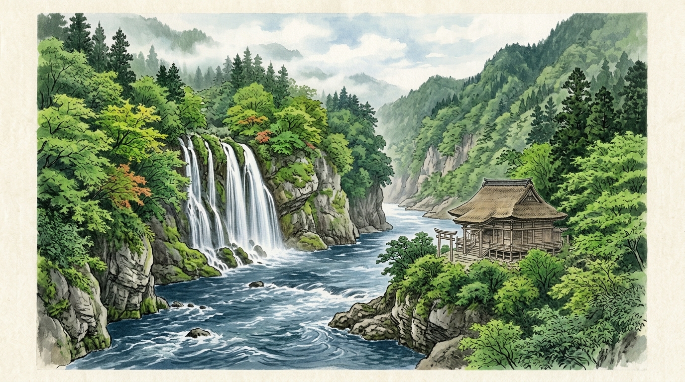 白糸の滝と仙人堂 最上川の和風水彩画