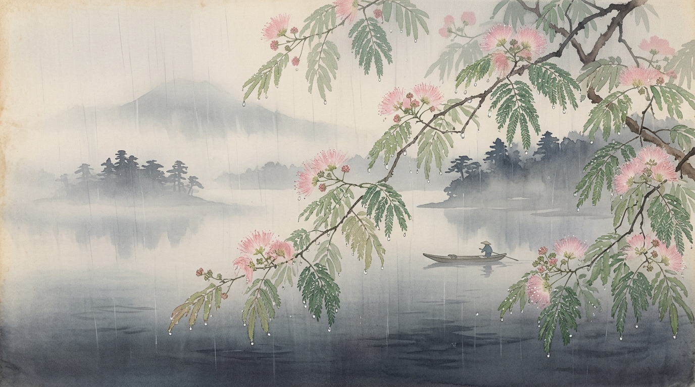 象潟や雨に西施がねぶの花 雨に濡れる合歓の花と雨煙る象潟 和風水彩画