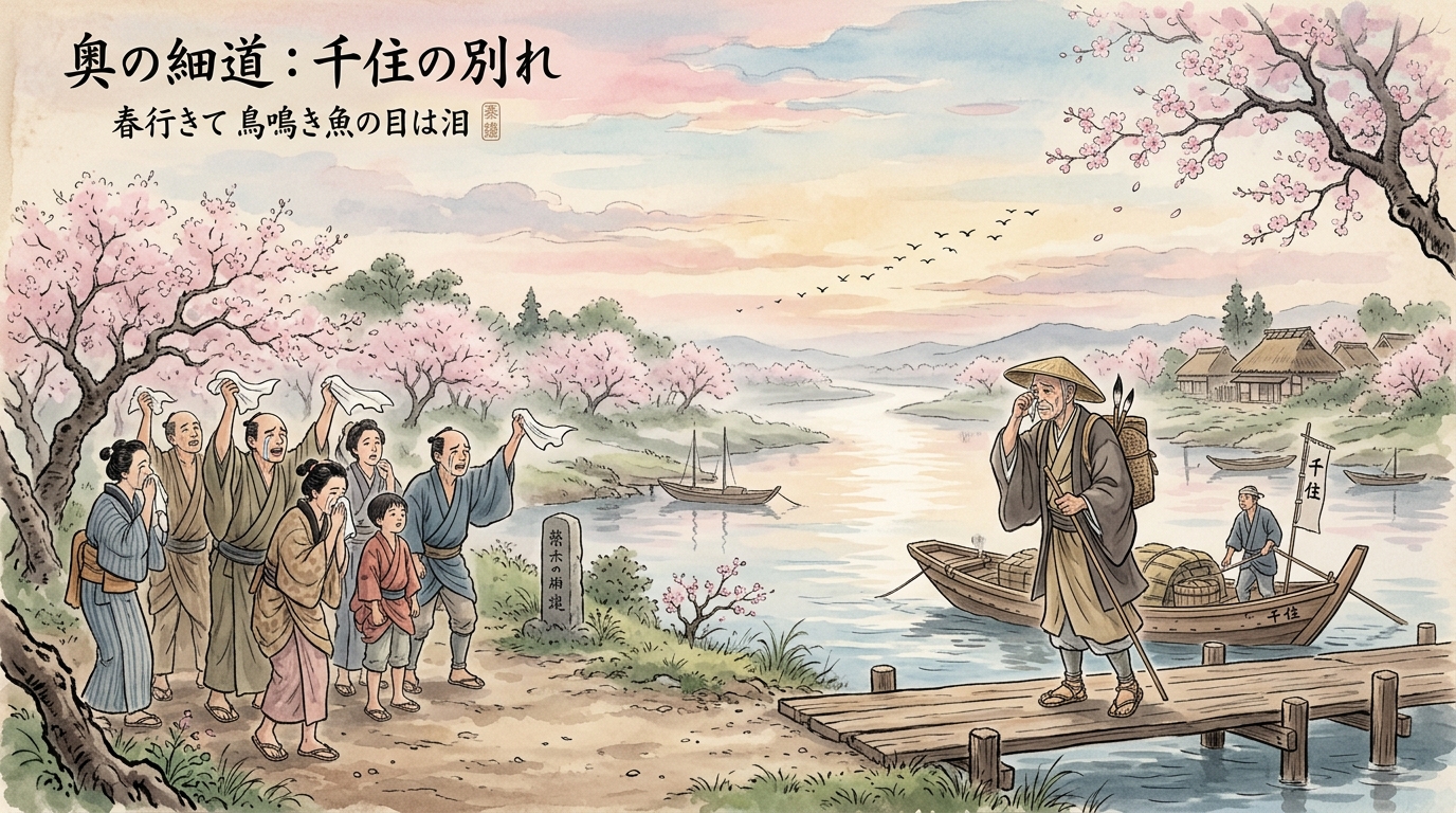 千住での惜別の涙と行く春や鳥啼き魚の目は泪の俳諧情景