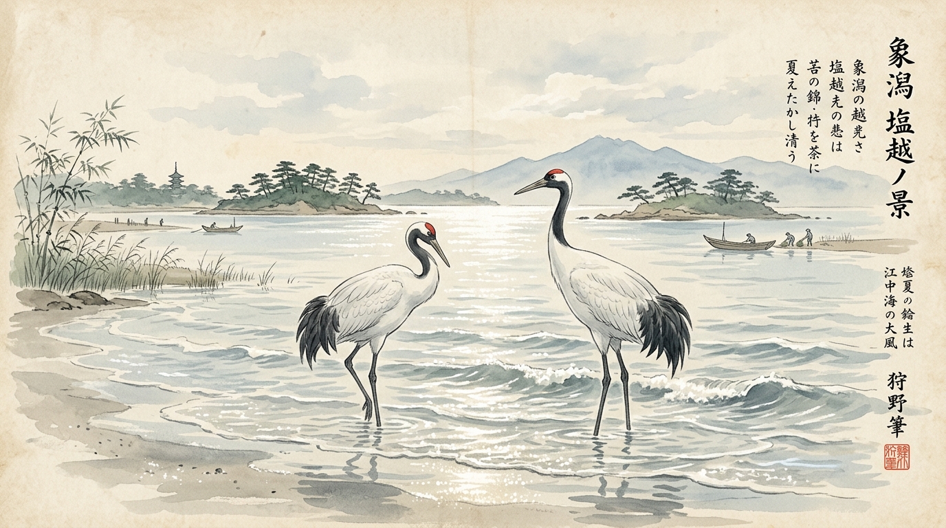 汐越や鶴脛ぬれて海涼し 浅瀬に佇む鶴と涼風 和風水彩画