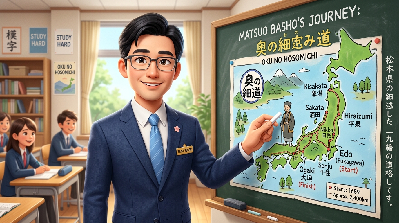 現役高校教員たく先生が奥の細道旅立ちの定期テスト頻出ポイントを黒板で解説