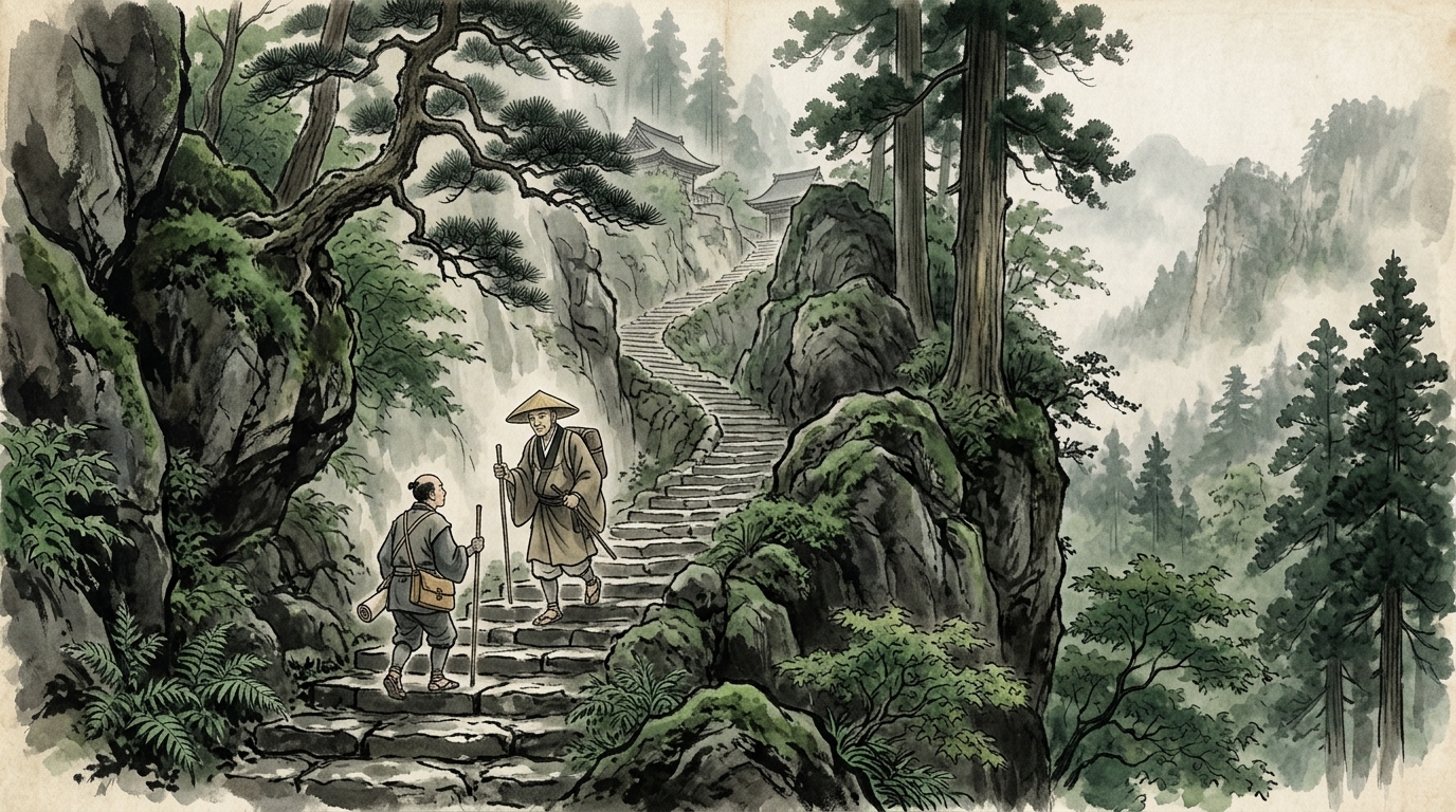 岸をめぐり岩を這ひて 山寺立石寺の険しい石段を登る松尾芭蕉と曽良