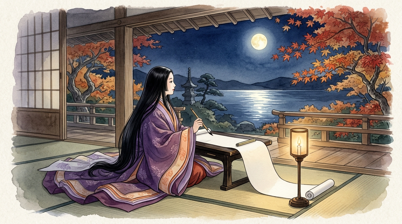 月夜の水辺を望む平安宮廷の文机で巻紙に向かう紫式部の透明水彩イラスト