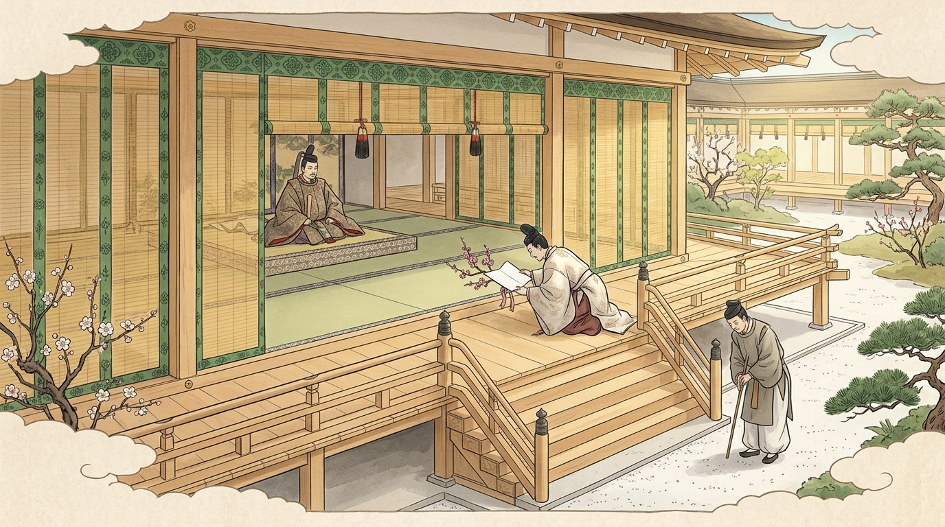 平安時代の寝殿造りにおいて御簾の奥の帝・簀子の貴公子・庭先の従者の身分階層を表す水彩イラスト