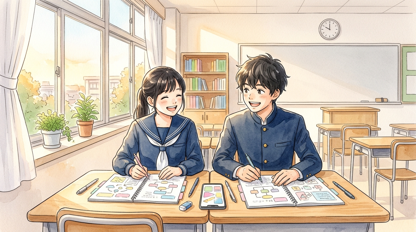 放課後の明るい教室で色分けしたノートとスマートフォンの暗記カードを使って古典を学ぶ高校生の水彩イラスト