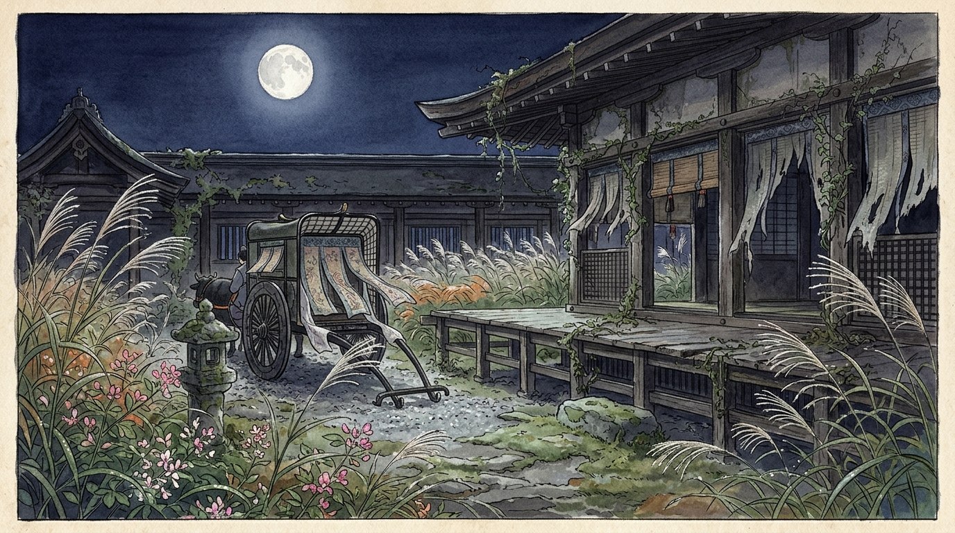 野分が吹いた秋の夕暮れに八重葎が茂る桐壺更衣の里邸を弔問する靫負命婦と月影の水彩イラスト