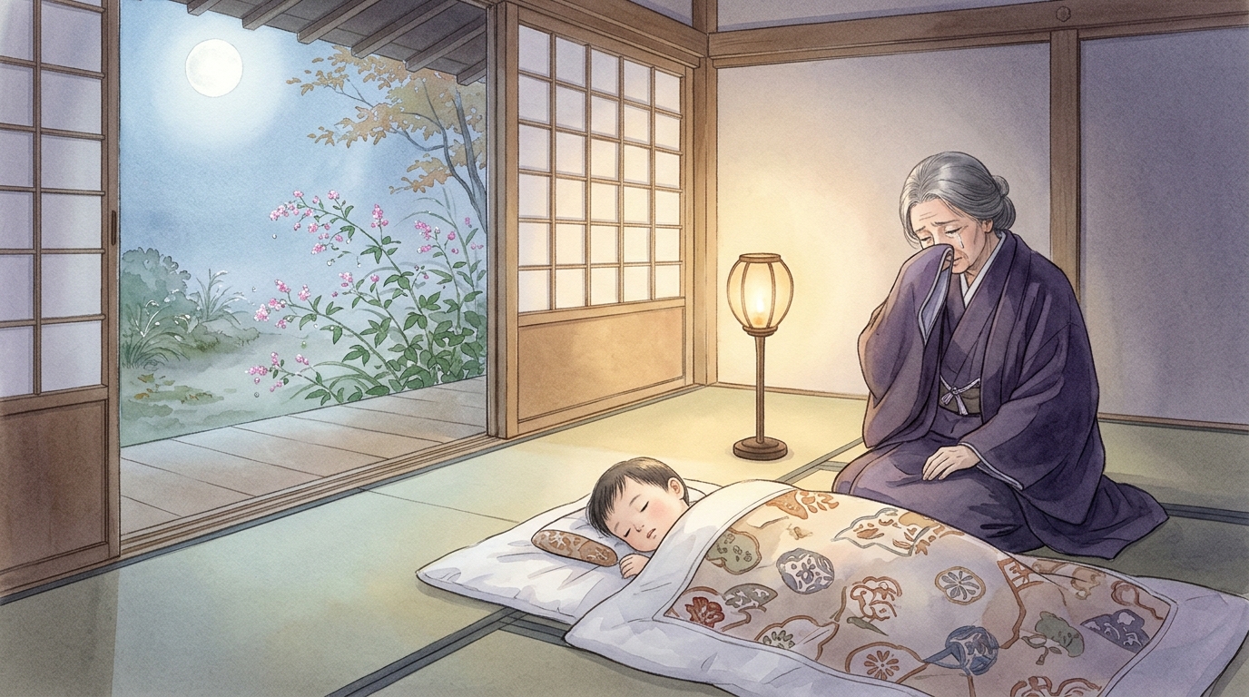 月の光が差す里邸で無邪気に眠る幼い若宮(光源氏)と涙ぐむ祖母・北の方の水彩イラスト