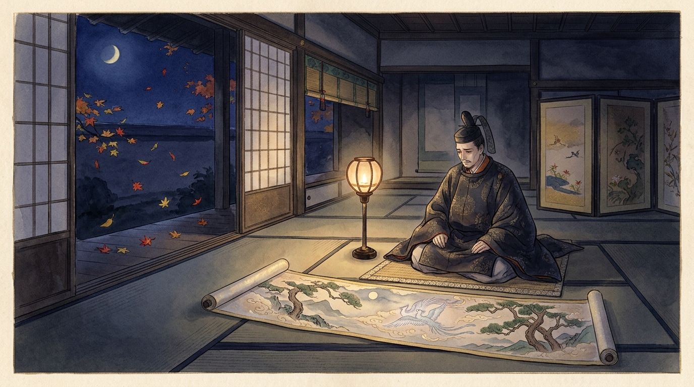 灯火のもとで長恨歌の絵巻(比翼の鳥・連理の枝)を眺めながら亡き桐壺更衣を偲ぶ桐壺帝の水彩イラスト