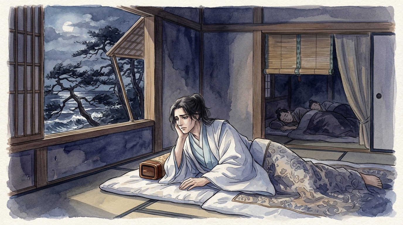 須磨のわび住まいで夜半にひとり目を覚まし枕をそばだてて秋風と浦波の音を聞く光源氏の水彩イラスト