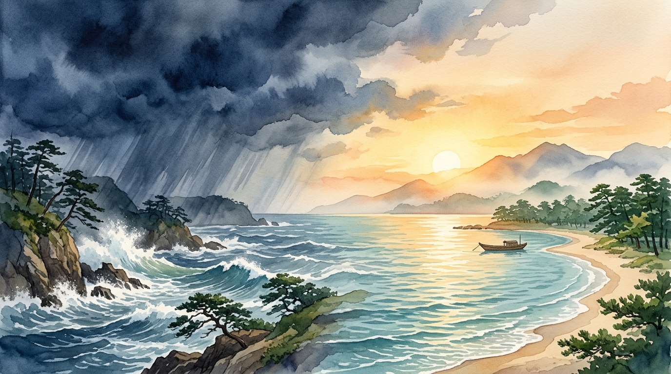 須磨の激しい暴風雨から明石の穏やかな朝焼けへと移り変わる海辺の情景を描いた水彩イラスト
