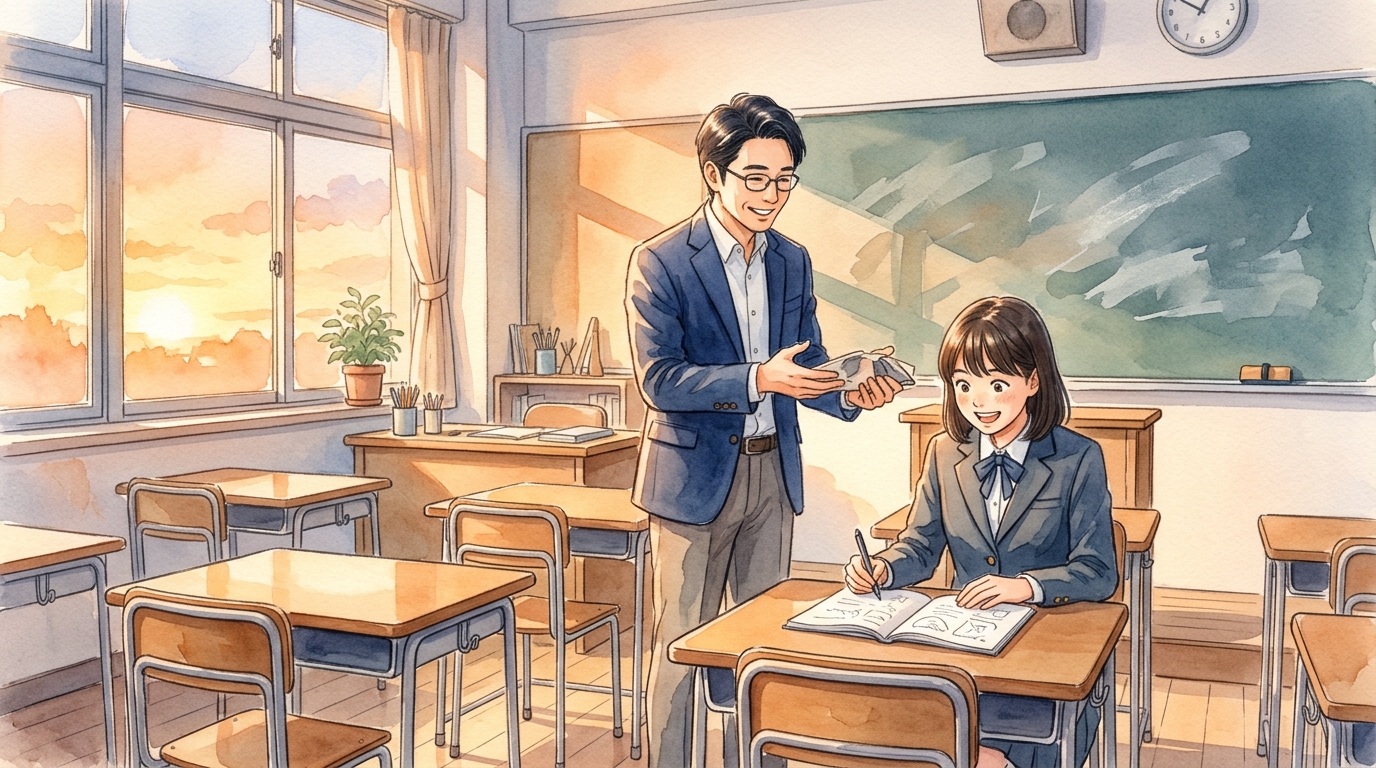 高校の教室で漁夫の利の返り点と書き下し文を解説するたく先生と生徒