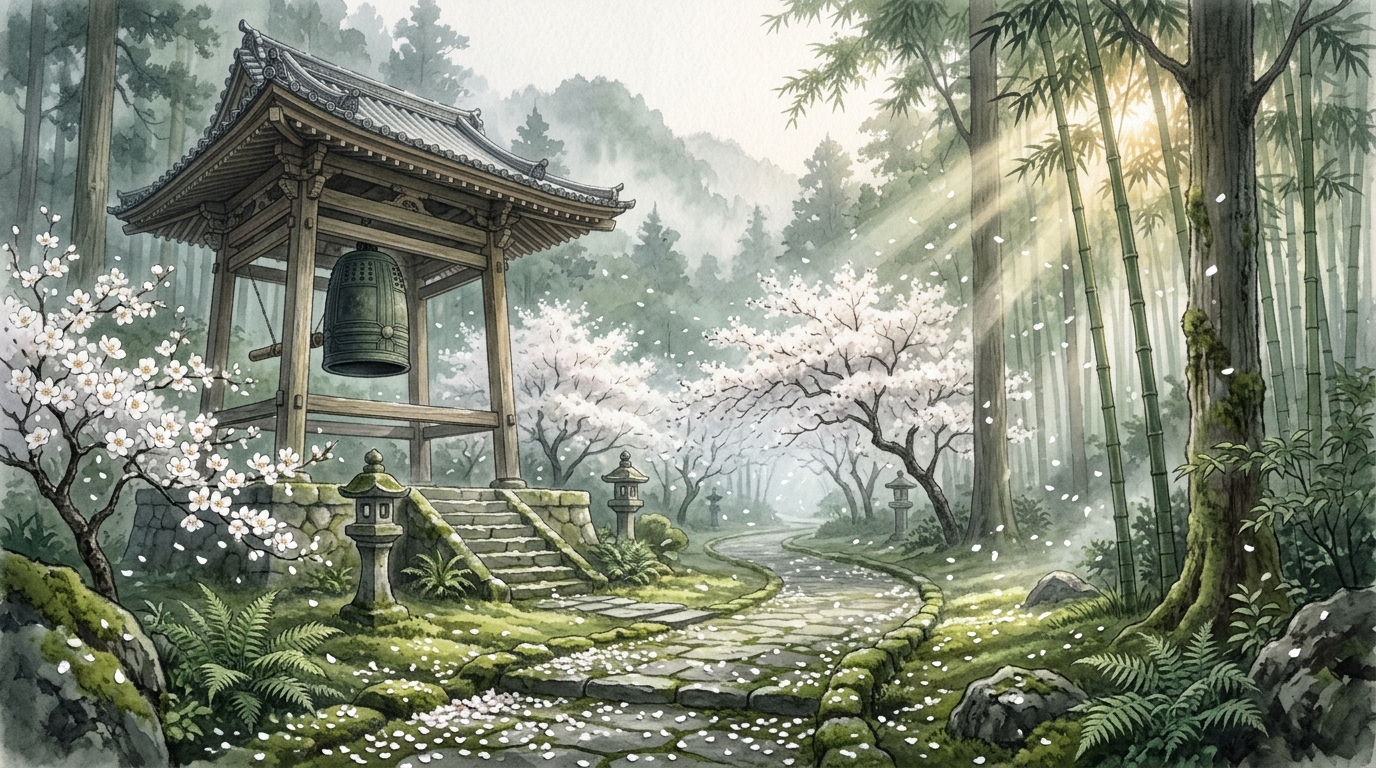 祇園精舎の鐘と沙羅双樹の花が静かに散る風景