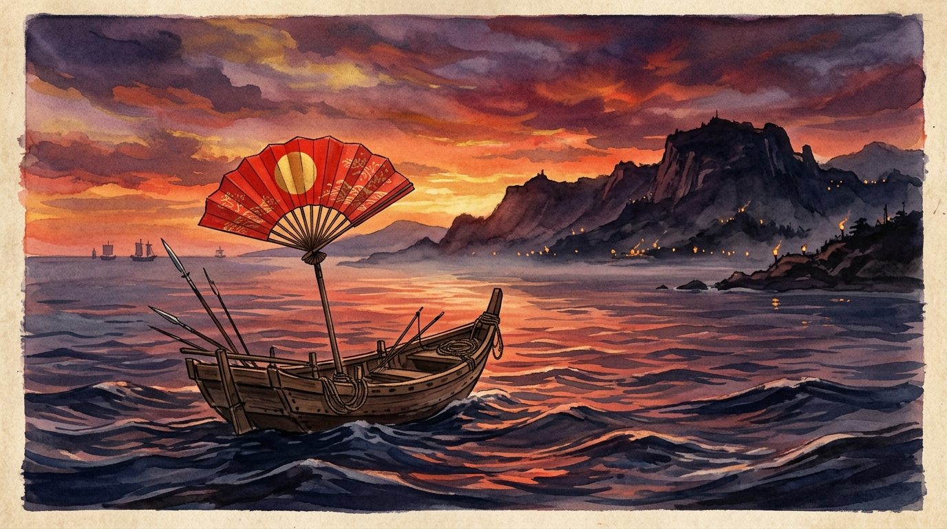 屋島の夕暮れの波間に揺れる日の丸の扇の的