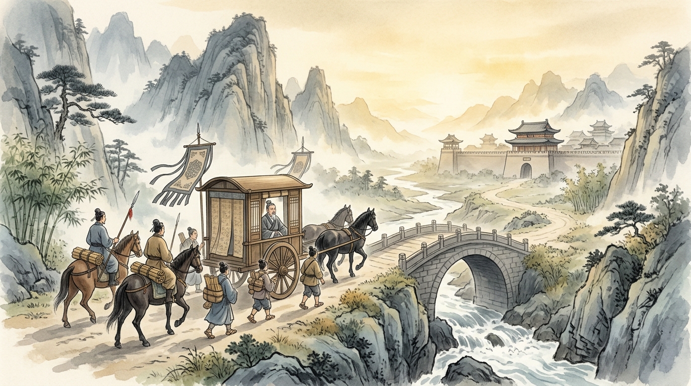 春秋戦国時代の宮廷で弁論や軍略を競い合う賢者たちの水彩イラスト