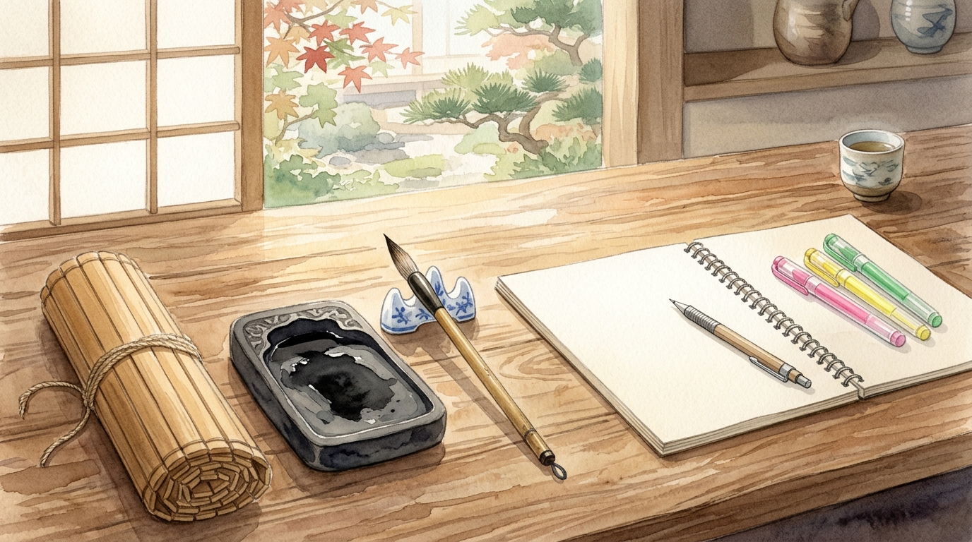 漢文の返り点や句形とストーリーを結びつけて勉強する高校生の水彩イラスト