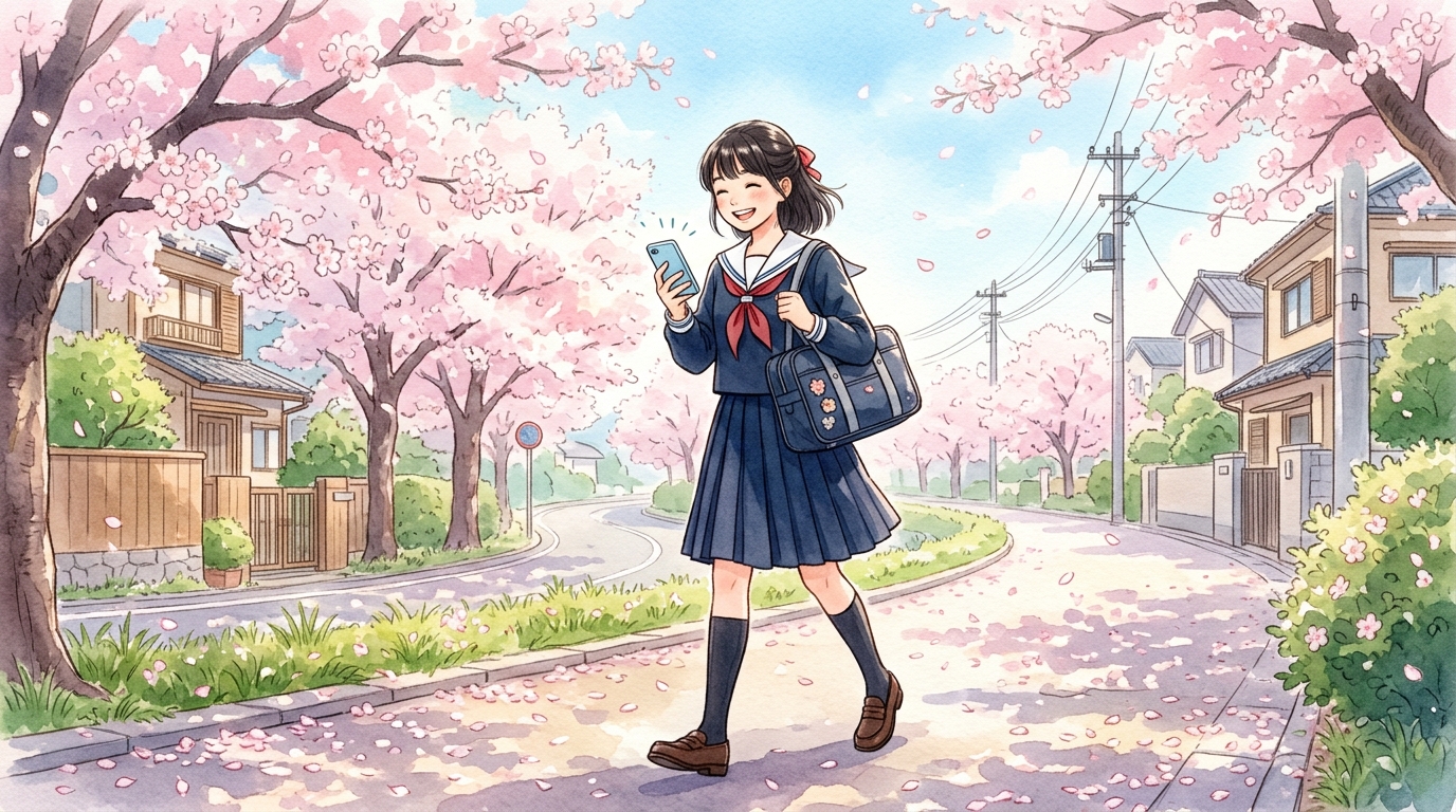 スマートフォンで漢文の故事成語カードを暗記学習する高校生の水彩イラスト