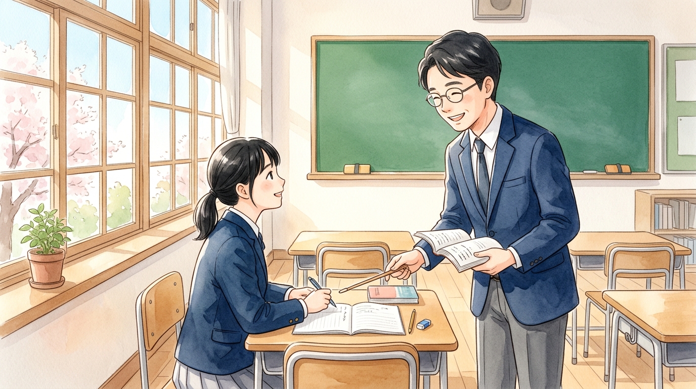 高校の教室で管鮑の交わりの重要句形と返り点を解説するたく先生と生徒