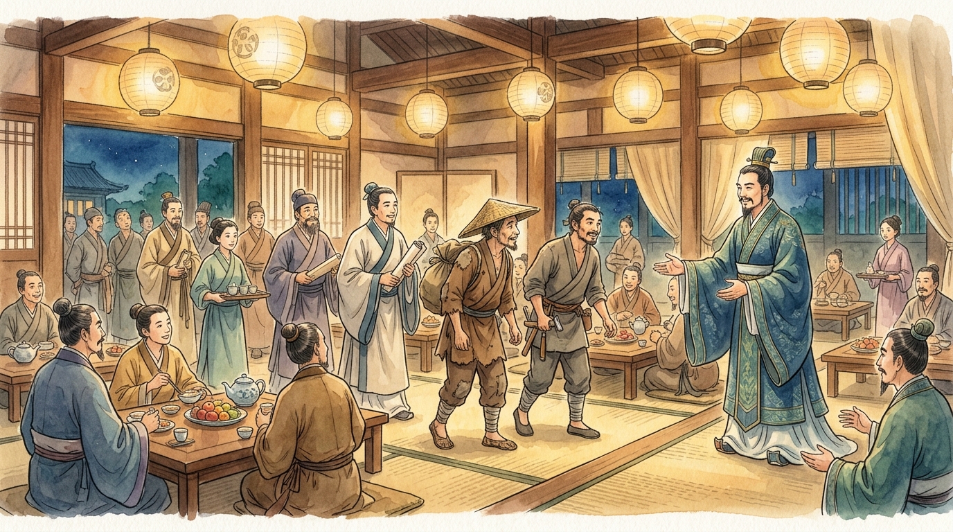斉の孟嘗君が数千人の食客を分け隔てなくもてなす水彩イラスト