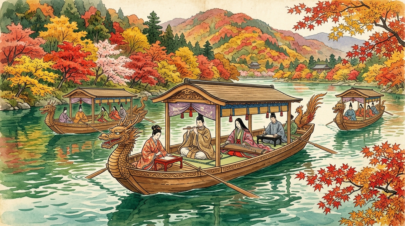 嵐山の大井川に浮かぶ三船と紅葉を愛でる貴族たち